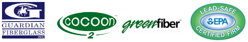 Insulation logos: Guardian Fiberglass, Cocoon 2, GreenFiber, and EPA Lead-Safe Certified Firm.
