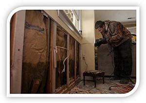 Technician installing fiberglass insulation in a wall.
